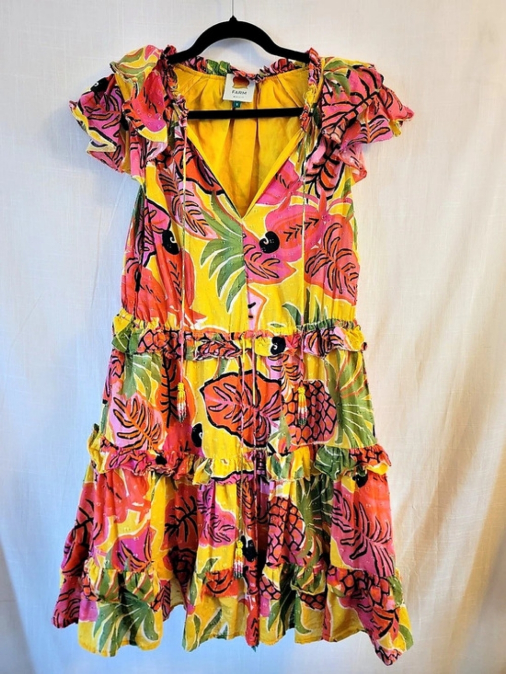 Farm Rio Pineapple Flowers Yellow Mini Dress Floral Yellow & Pink Small